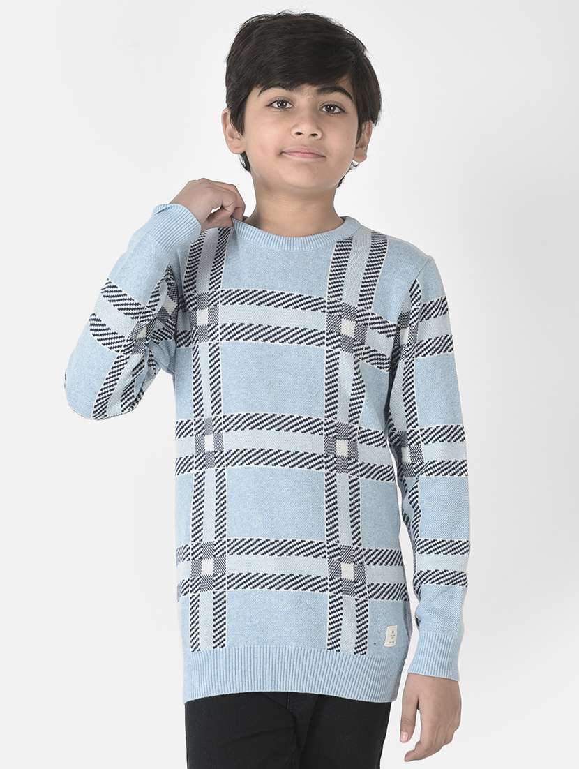 boys round neck blue checked sweater