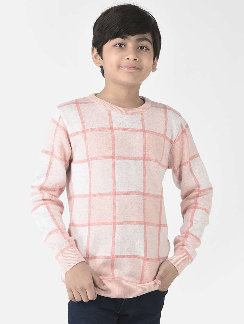 boys round neck pink checked sweater