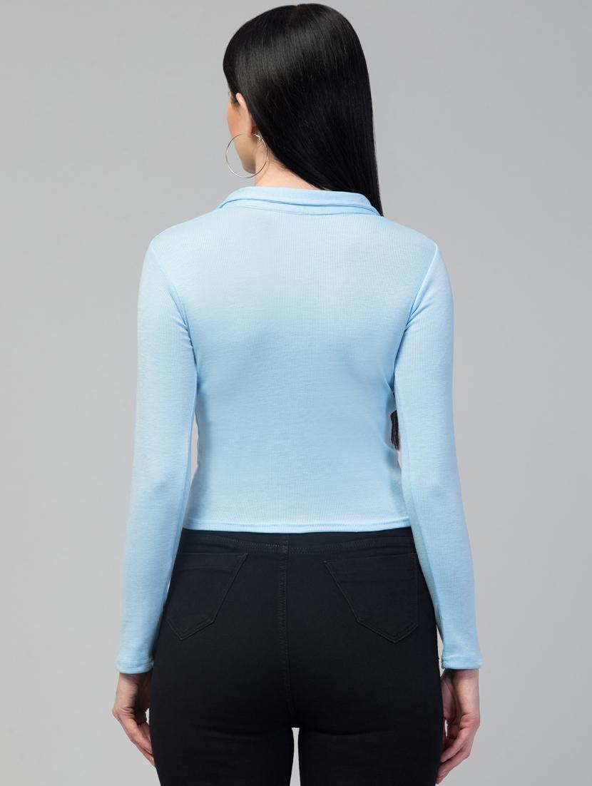 light blue solid shirt collar crop top - 20301358 - Standard Image - 2