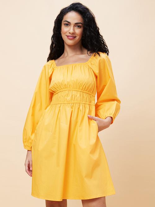 women yellow cotton fit & flare dress - 20301526 - Standard Image - 0