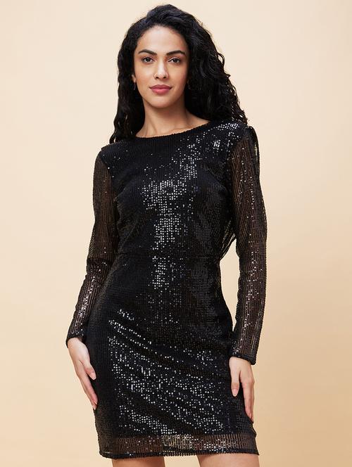 globus women black boat neck long sleeves sequinned sheath party dress - 20301536 -  Standard Image - 0