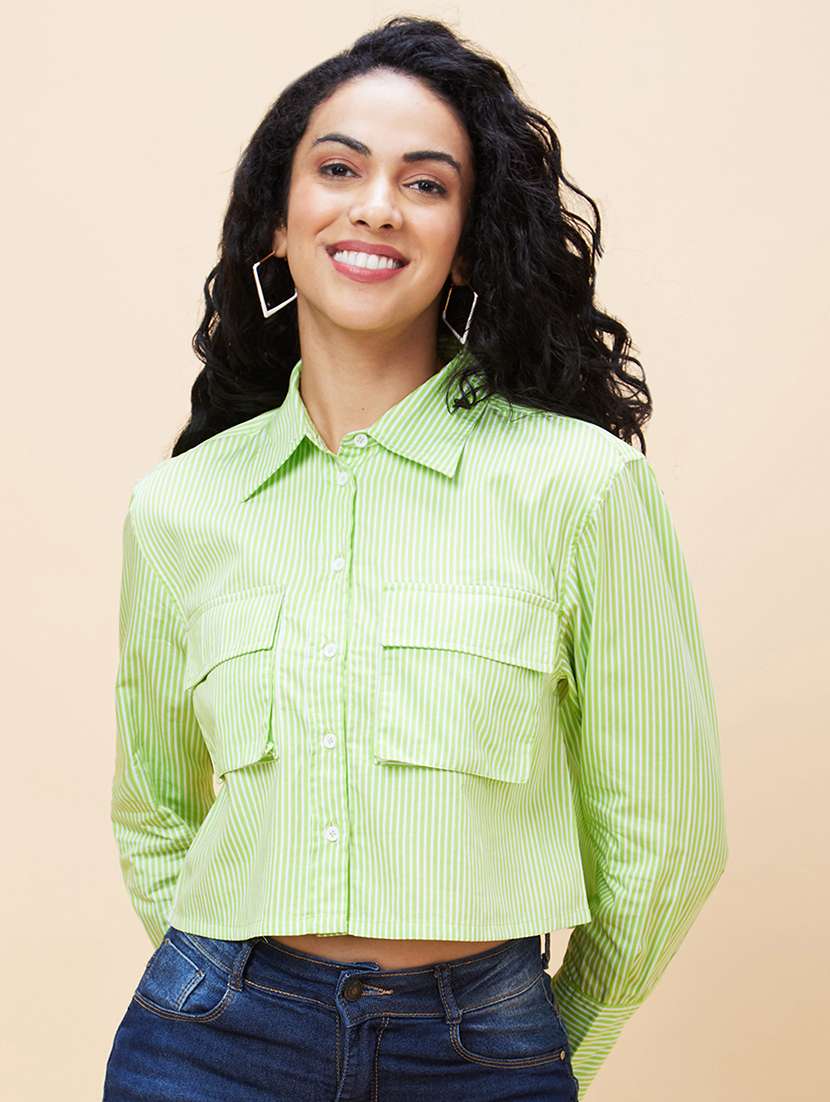 women green cotton shirt style top