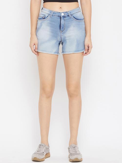 blue solid denim shorts - 20301895 - Standard Image - 0