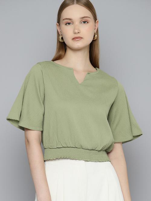 green solid bell sleeves regular fit top - 20302170 - Standard Image - 0