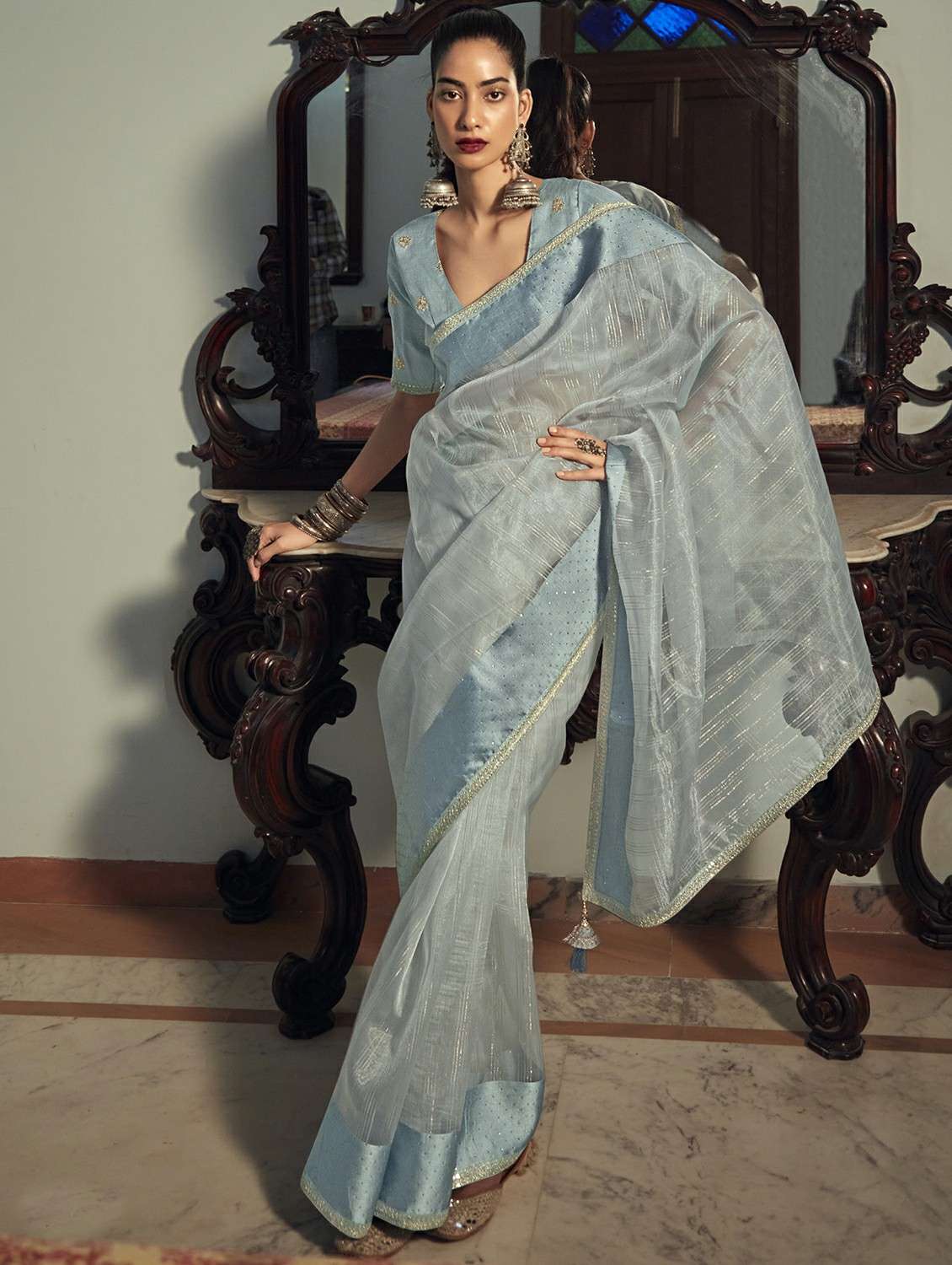 women's stripes grey colored saree with blouse