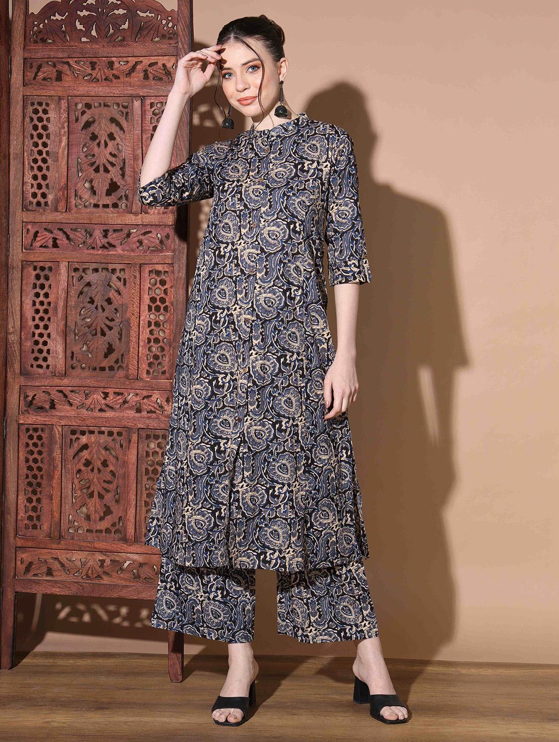women blue block print kurta & palazzos set - 20303690 - Zoom Image - 0