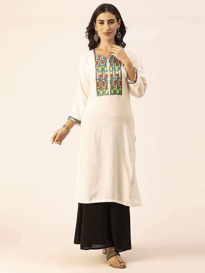 women off-white notch neck straight kurta