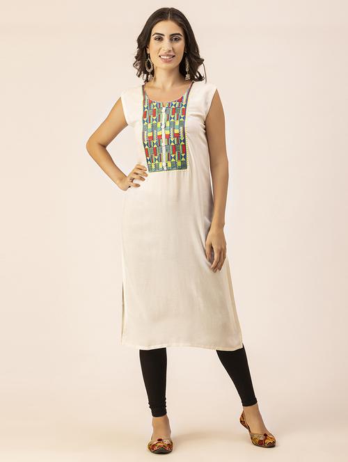 women off-white notch neck straight kurta - 20303747 - Standard Image - 0