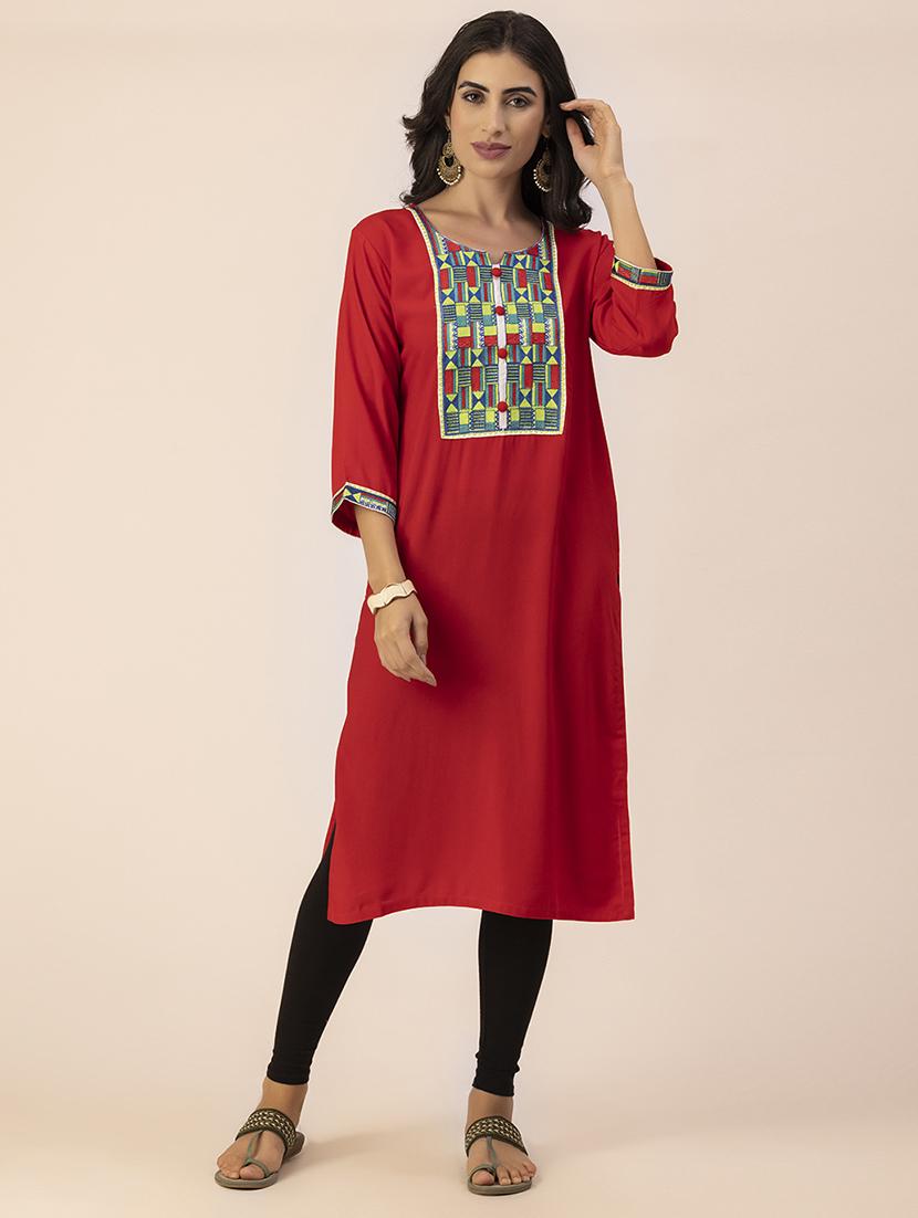 women red notch neck straight kurta - 20303748 -  Zoom Image - 0