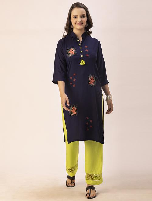 women navy blue mandarin neck straight kurta - 20303751 -  Standard Image - 0