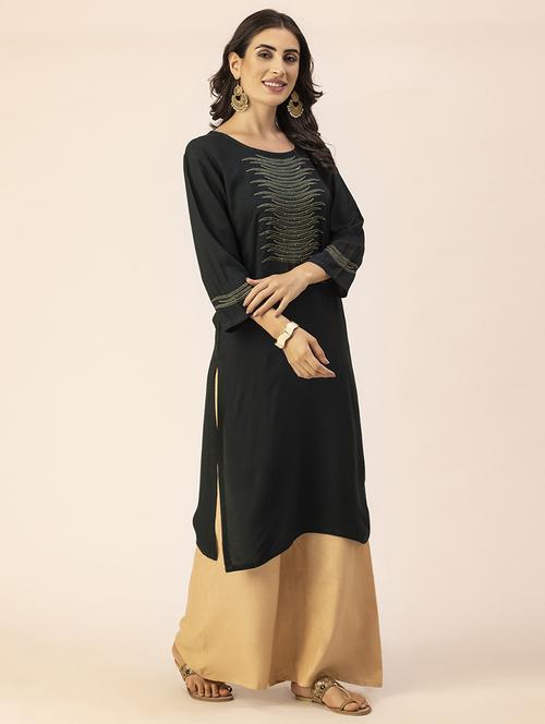 women bottle green round neck straight kurta - 20303754 - Standard Image - 0
