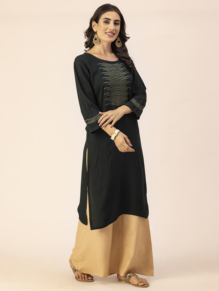 women bottle green round neck straight kurta - 20303754 - Zoom Image - 0