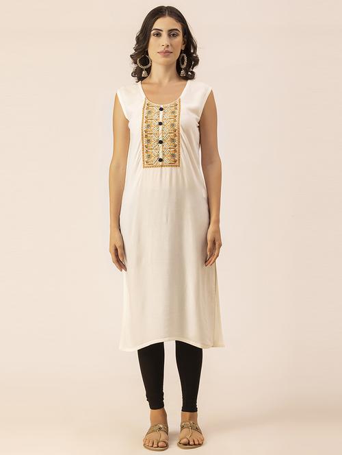 women off-white round neck straight kurta - 20303762 -  Standard Image - 0