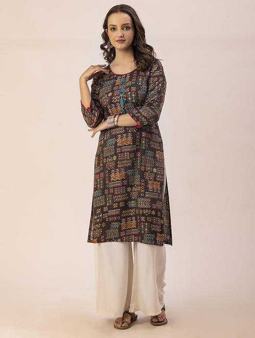 women grey round neck straight kurta - 20303768 - Standard Image - 0