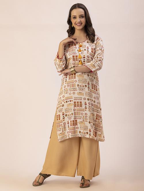 women off-white round neck straight kurta - 20303770 -  Standard Image - 0
