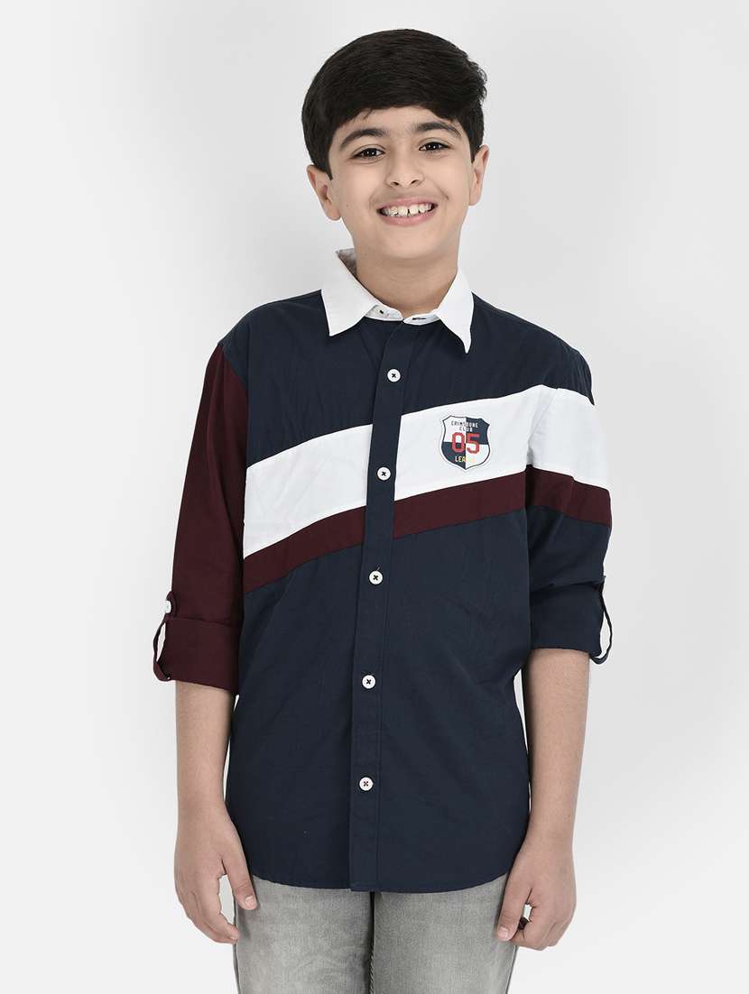 kids navy blue color blocked long sleeves shirt