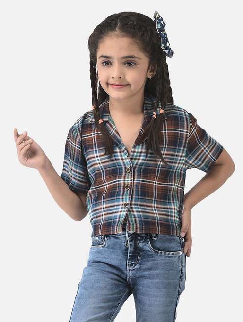 girls multi color check printed cropped shirt - 20304257 - Standard Image - 0