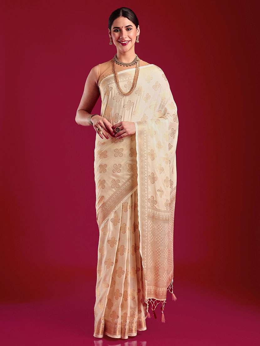 women's self design beige colored saree with blouse