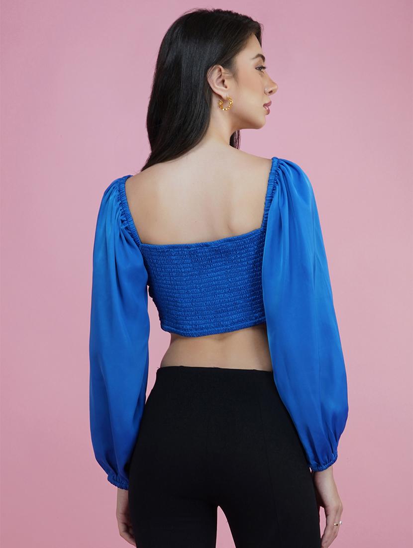 blue solid puff sleeves wrap top - 20305174 - Standard Image - 2