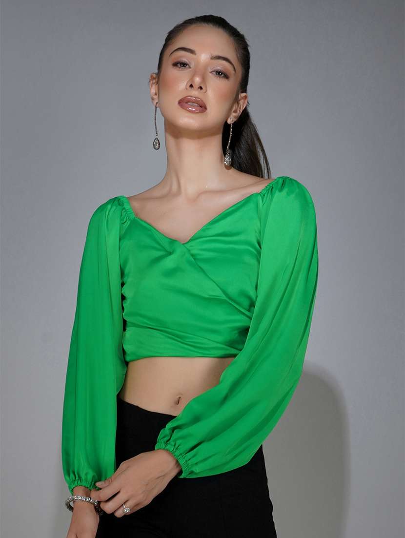 green solid puff sleeves wrap top