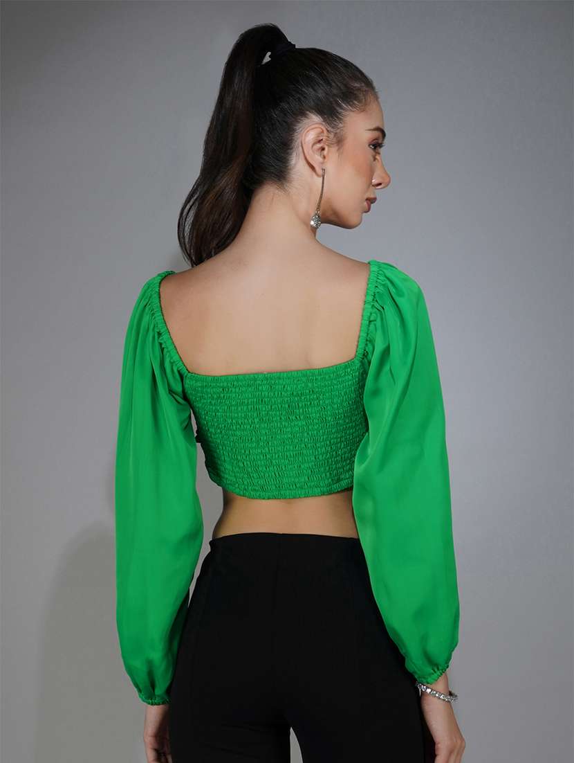 green solid puff sleeves wrap top - 20305175 -  Standard Image - 2
