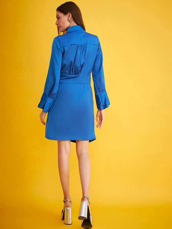 blue solid lapel neck shift dress - 20305517 -  Standard Image - 2