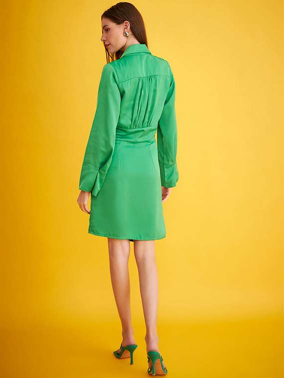 green solid lapel neck shift dress - 20305518 -  Standard Image - 2