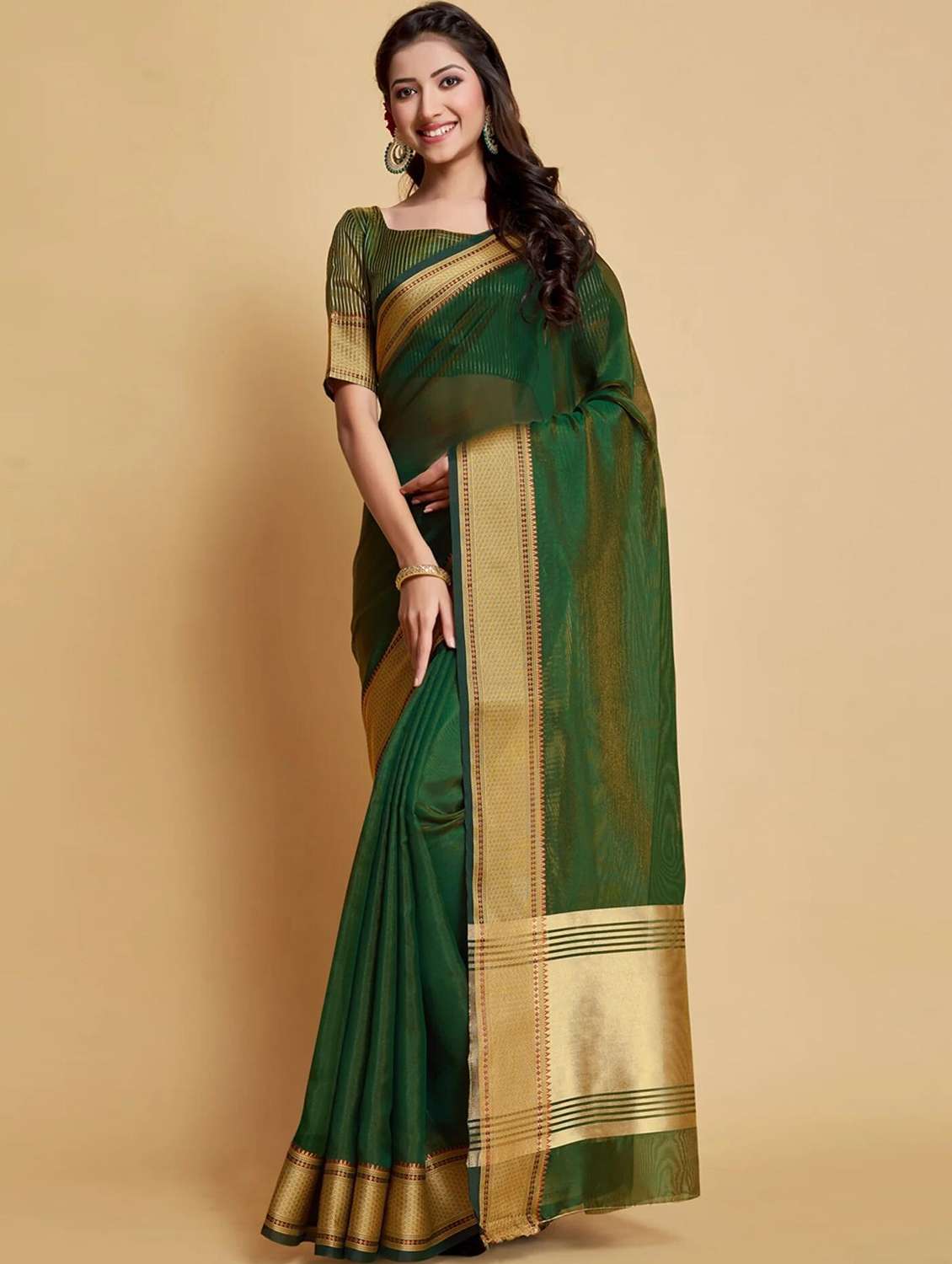 women's self design dark green colored saree with blouse