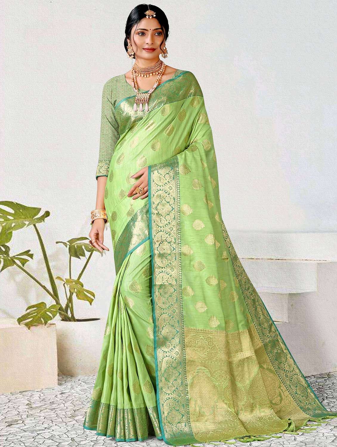 women's self design light green colored saree with blouse