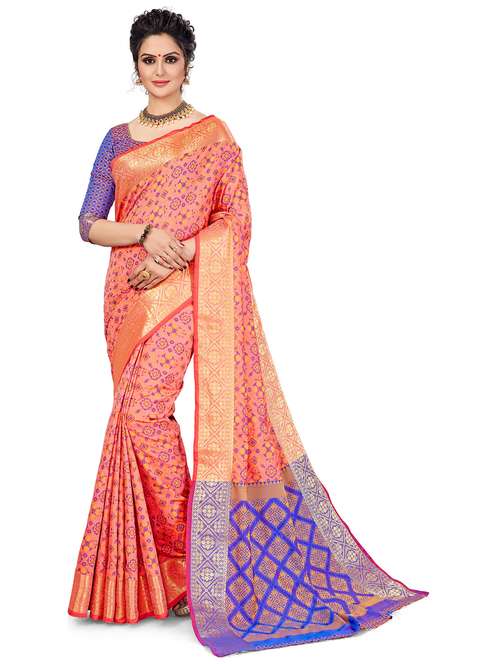 women's geometric peach colored saree with blouse - 20306090 - Standard Image - 0