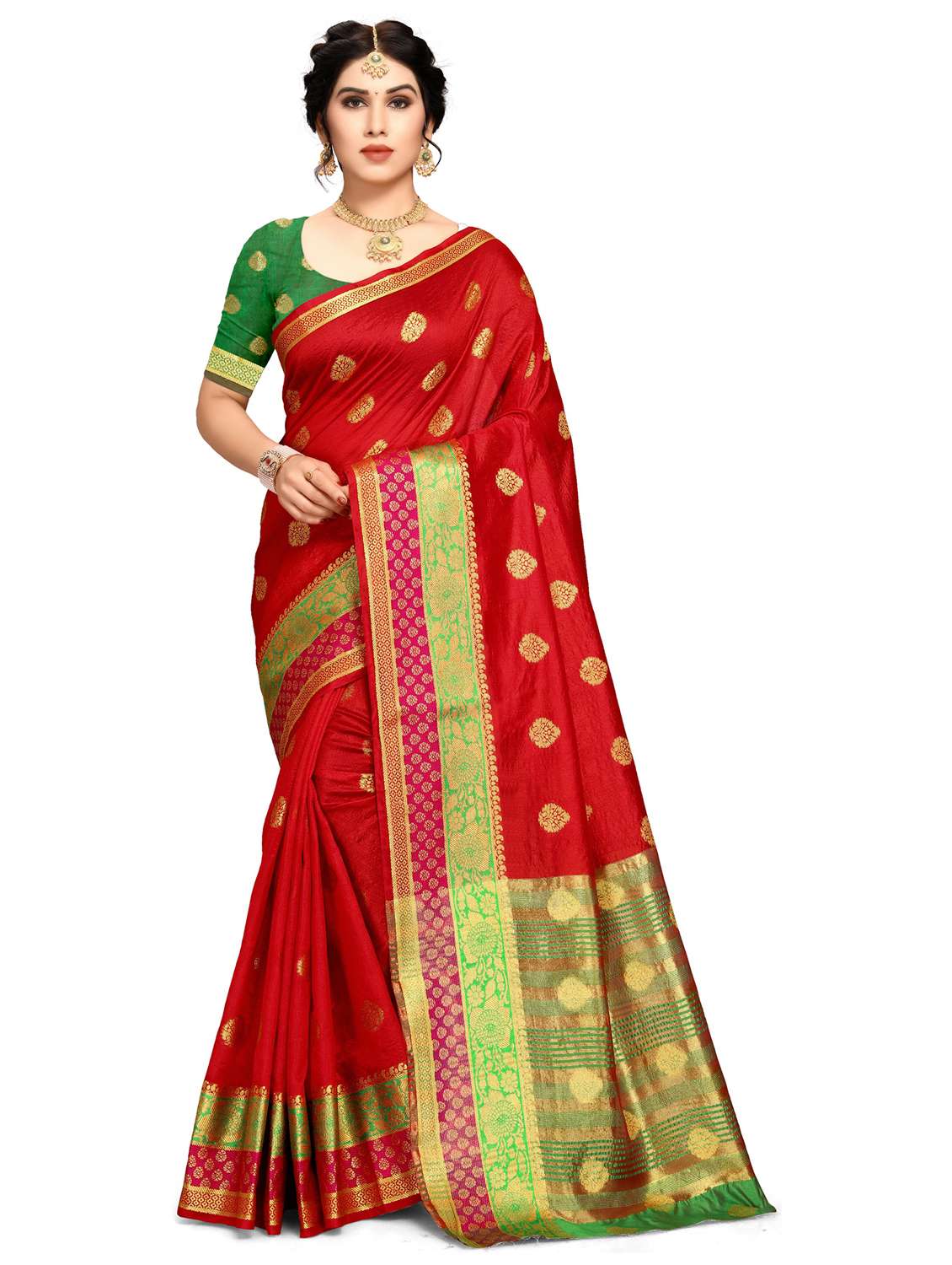 women's self design red colored saree with blouse