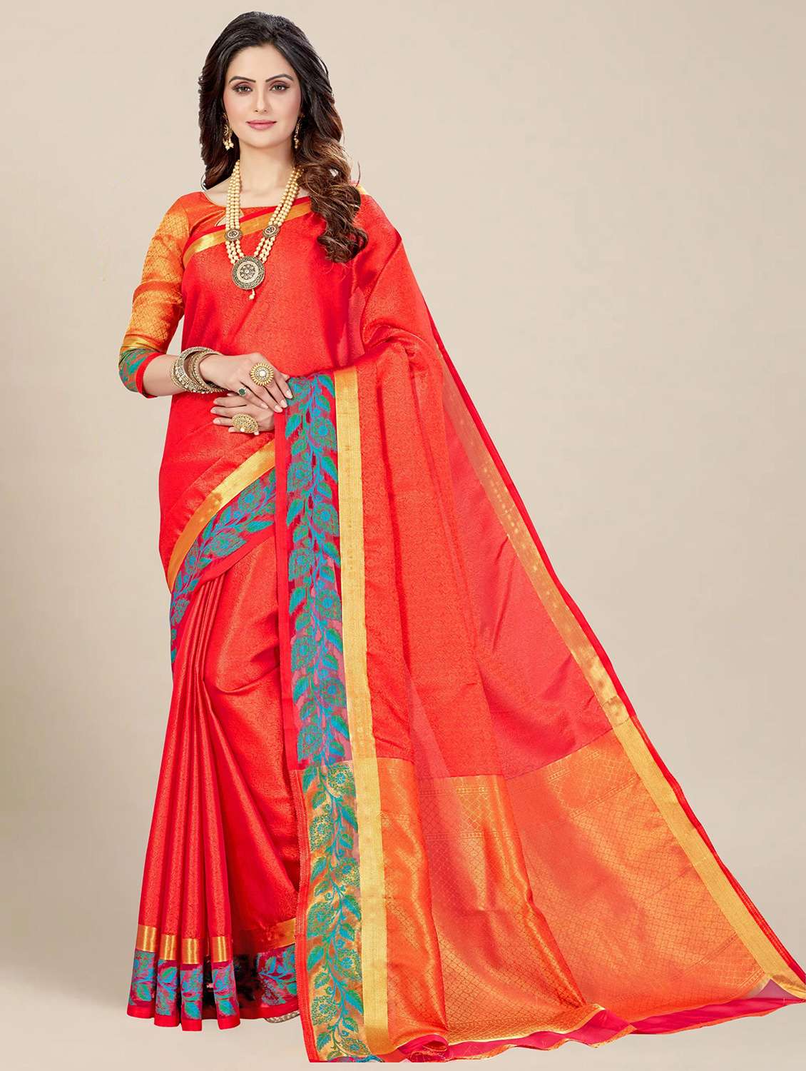 women's solid red colored saree with blouse