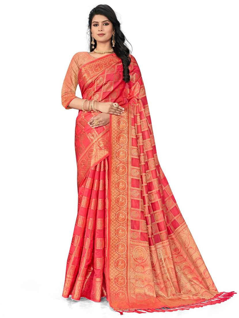 women's self design red colored saree with blouse