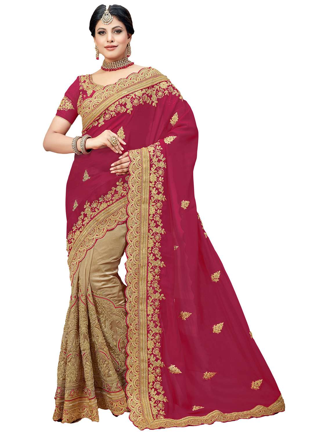 women's solid with work pink colored saree with blouse