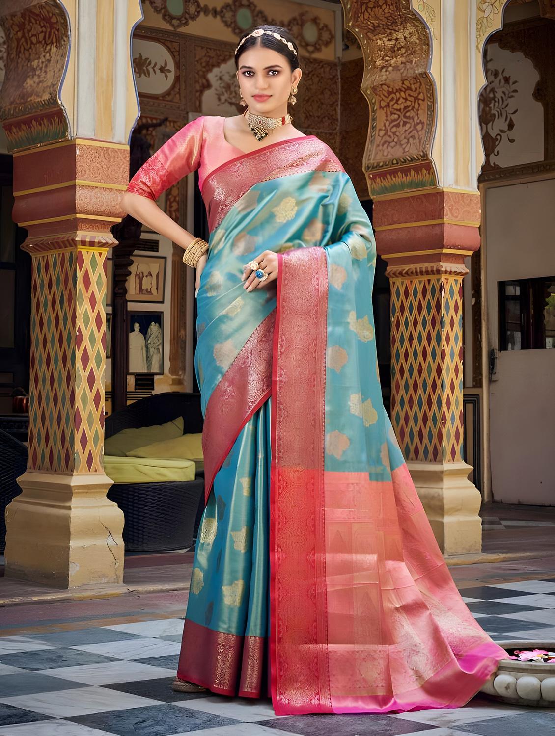 women's self design turquoise colored saree with blouse - 20306305 - Zoom Image - 0
