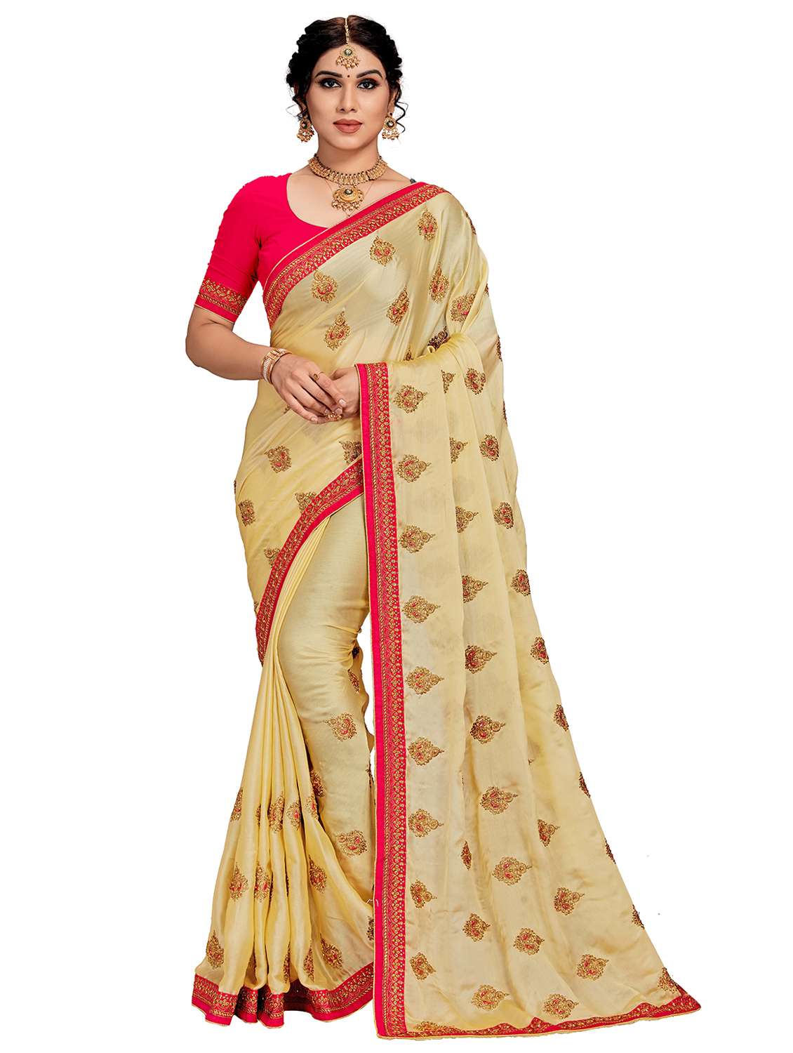 women's bordered royal blue colored saree with blouse