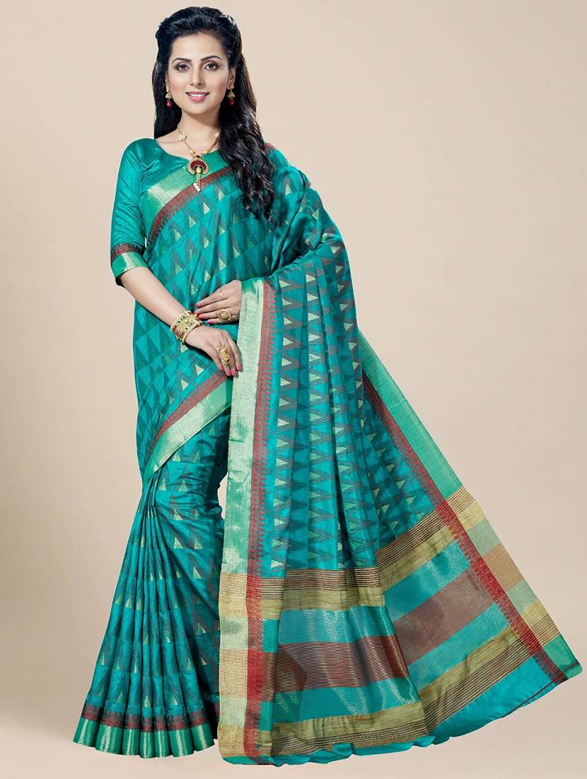 women's geometric aqua blue colored saree with blouse - 20306430 - Zoom Image - 0
