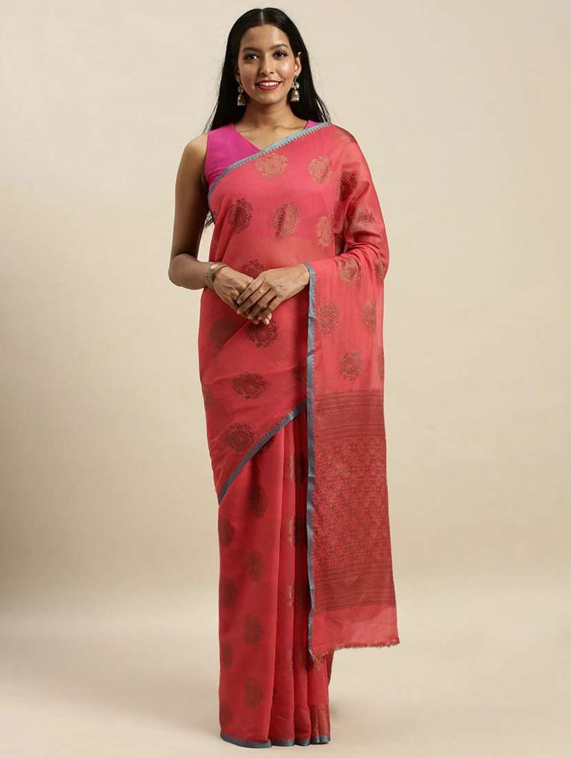 women's self design red colored saree with blouse