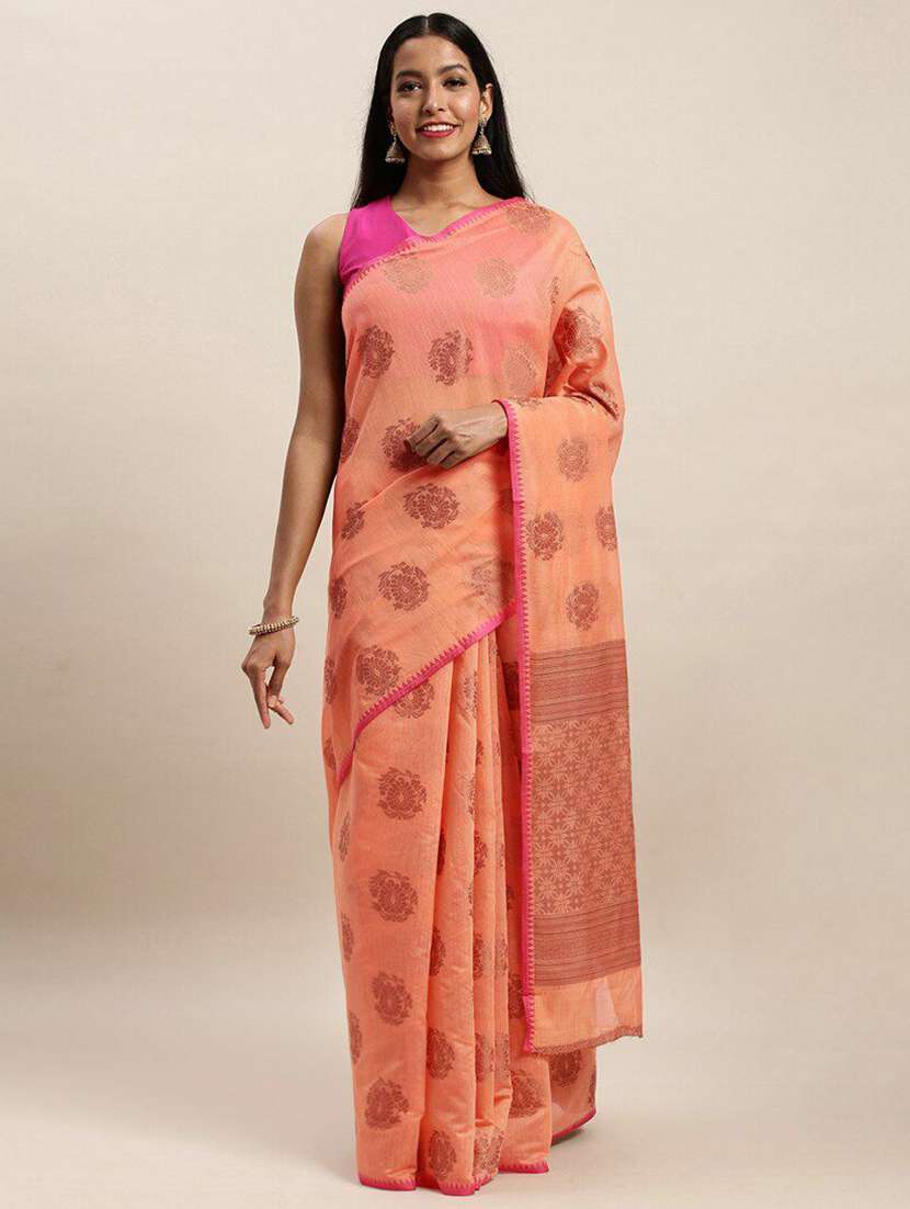 women's self design peach colored saree with blouse