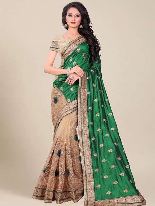 women's solid with work green colored saree with blouse - 20306651 -  Standard Image - 0