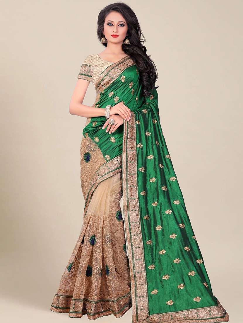 women's solid with work green colored saree with blouse
