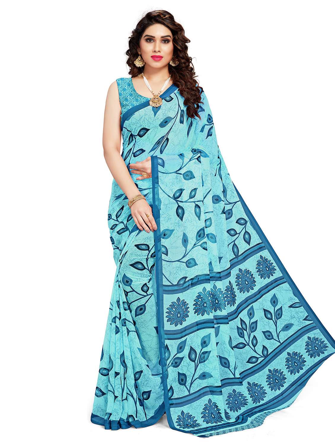 women's floral ai aqua colored saree with blouse