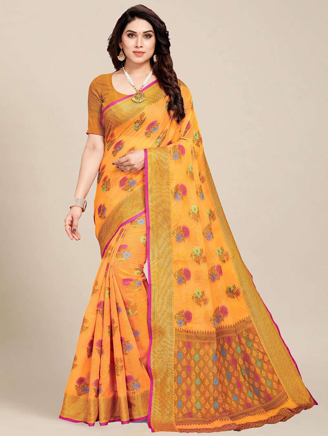 women's floral orange colored saree