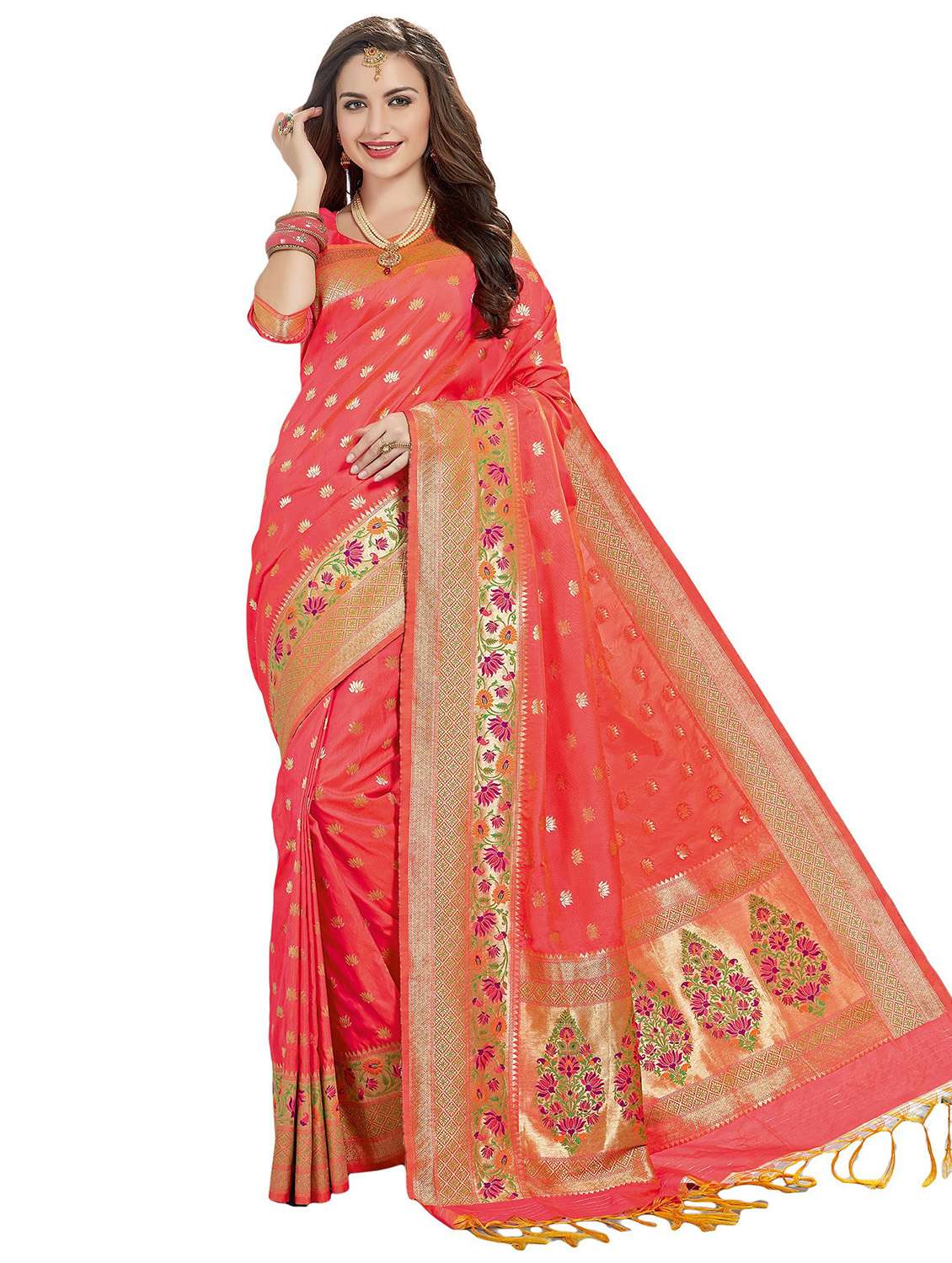 women's self design red colored saree with blouse