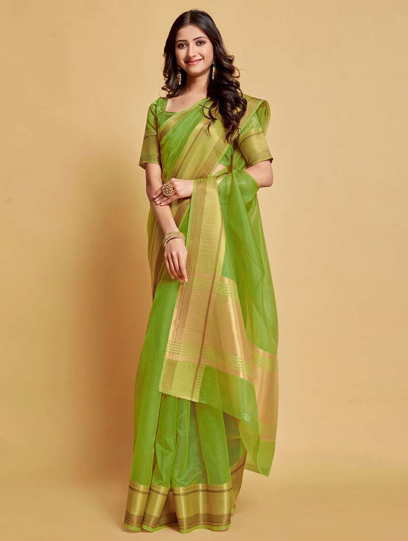 Women's Solid Green Colored Saree With Blouse