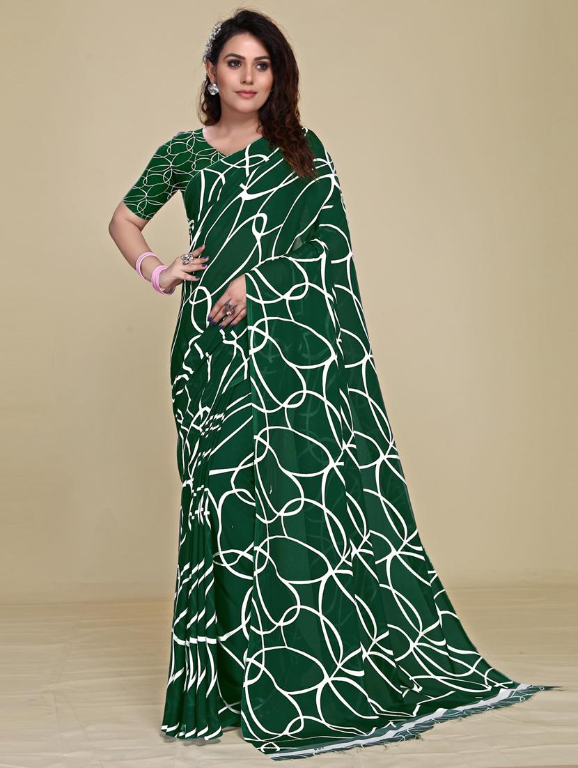 women's printed bottle green colored saree with blouse - 20307012 - Zoom Image - 0