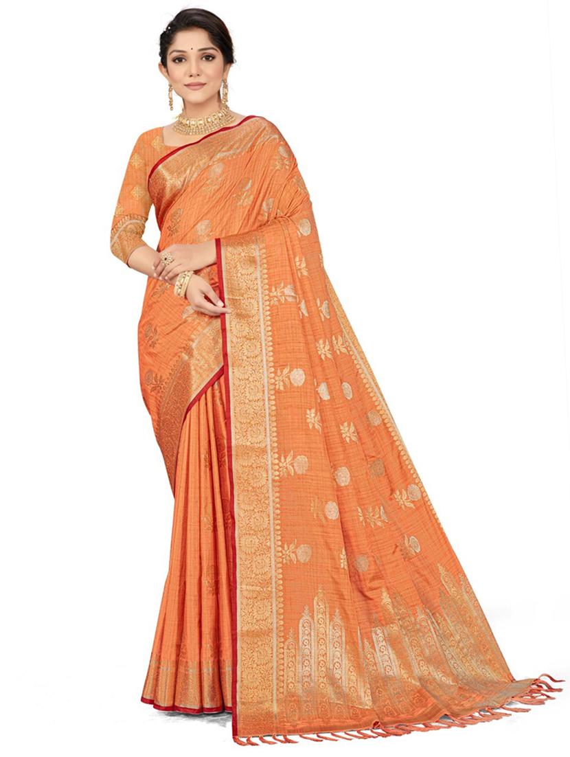 women's self design peach colored saree with blouse