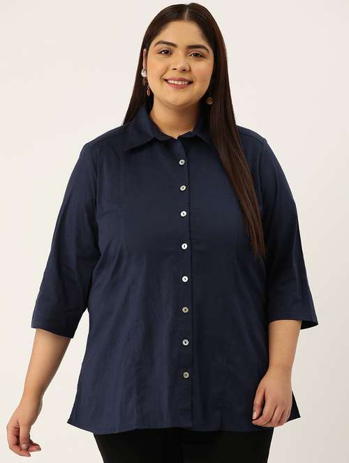 women solid collared plus size shirt - 20307505 - Standard Image - 0
