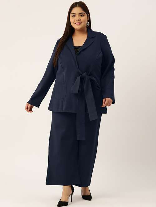 navy blue solid blazer and trousers co-ord set - 20307558 - Standard Image - 0