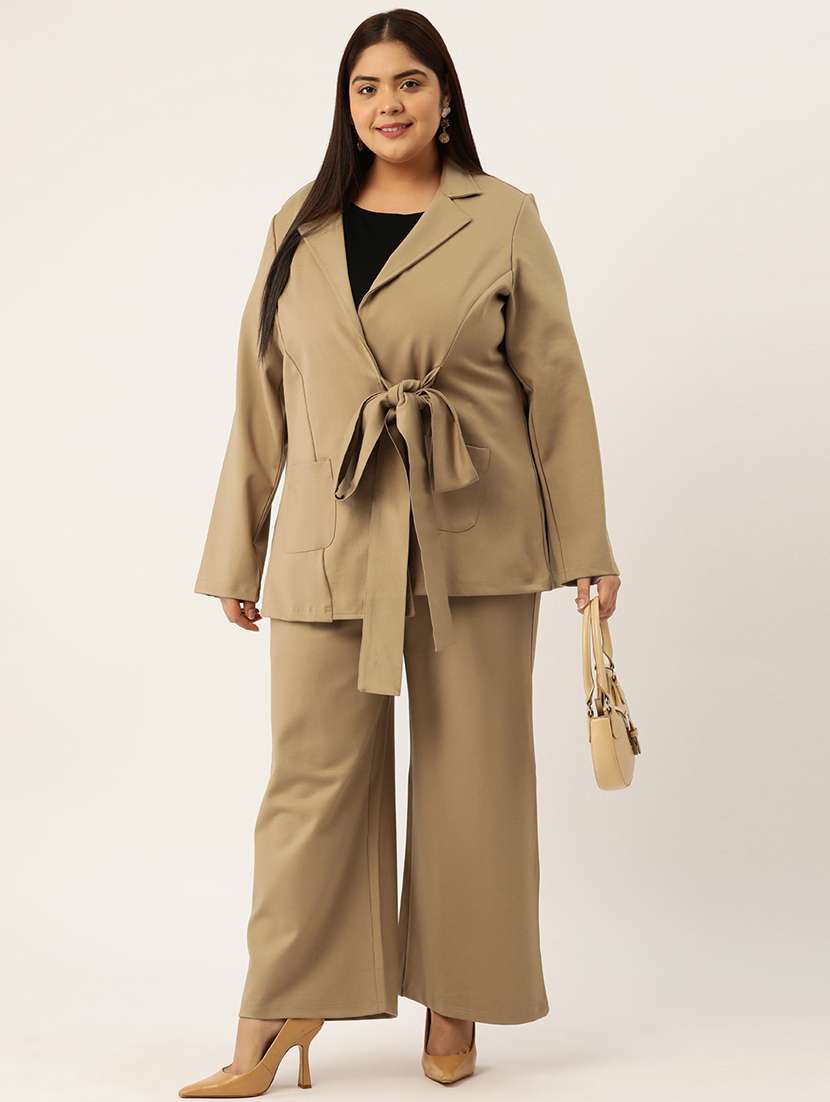 beige solid blazer and trousers co-ord set